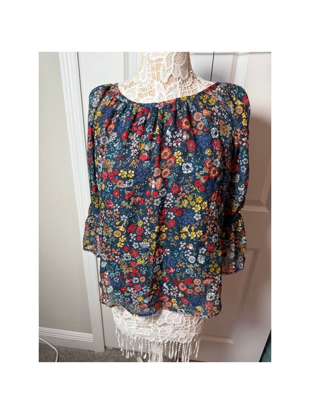 Knit Works Navy Floral Blouse XXL